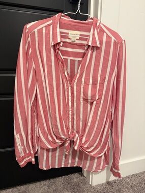 American Eagle Outfitters Pink and White Striped Tie-Front Button-Down Shirt